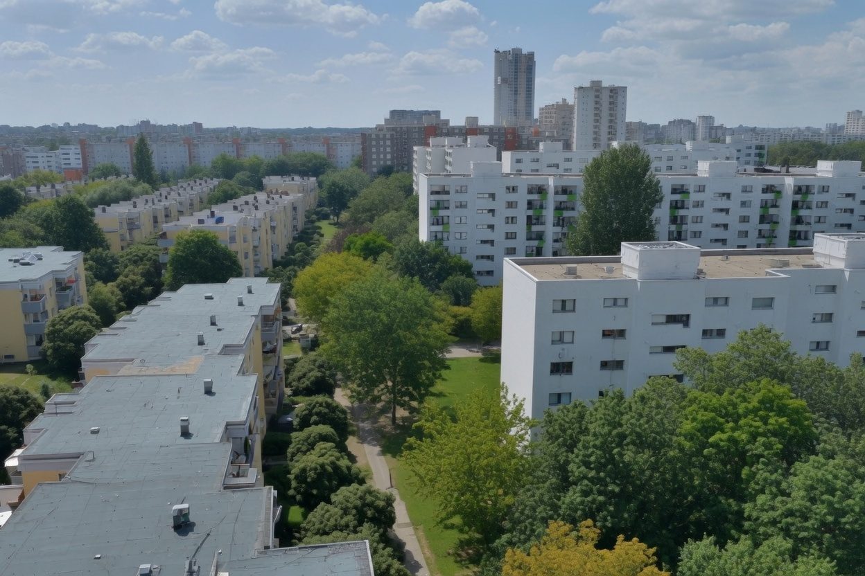Luftaufnahme von Wohnhäusern im nördlichen Blumenviertel
